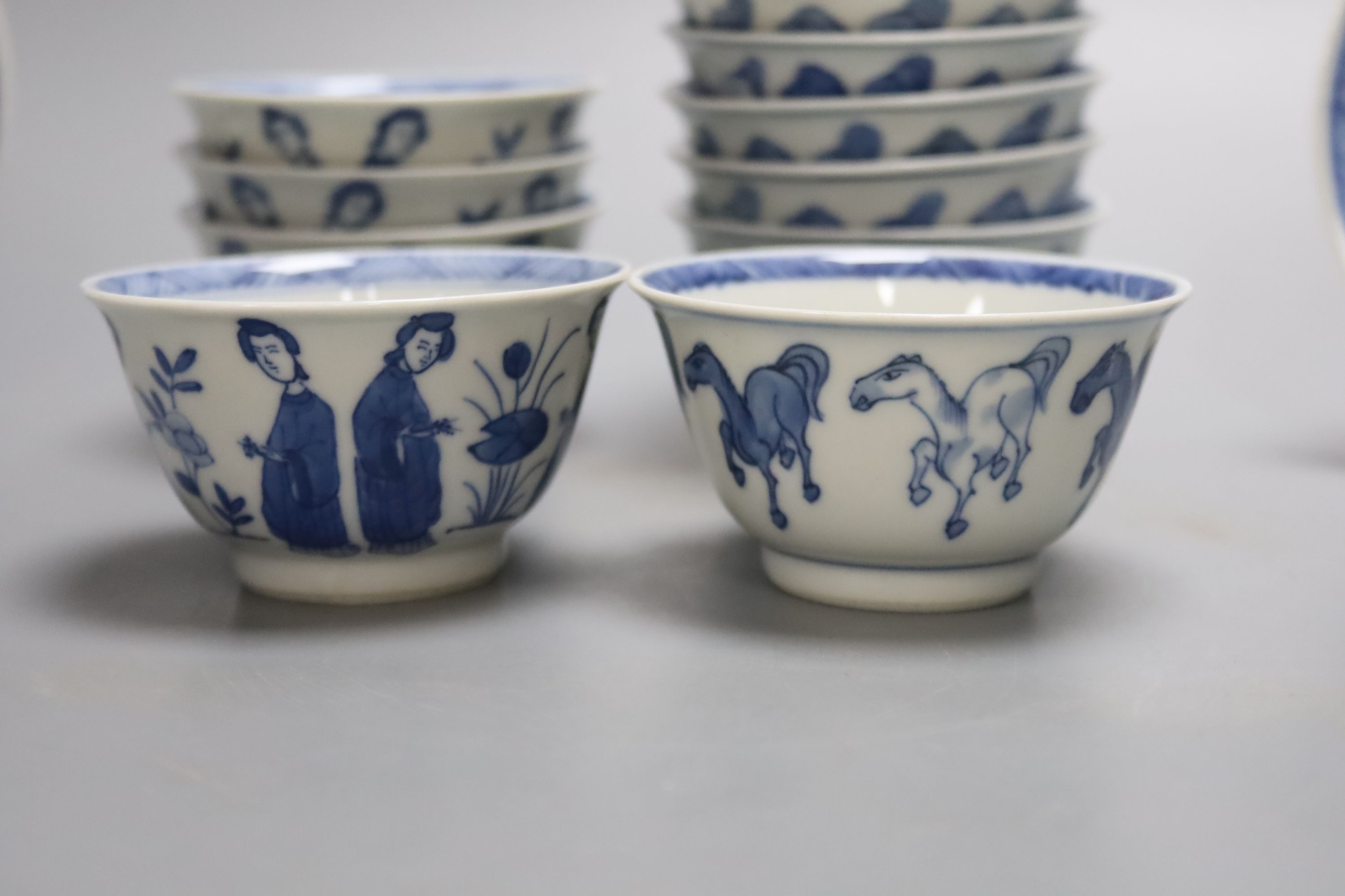 Six Chinese blue and white Horses tea bowls and saucers and four ladies tea bowls and saucers (20)